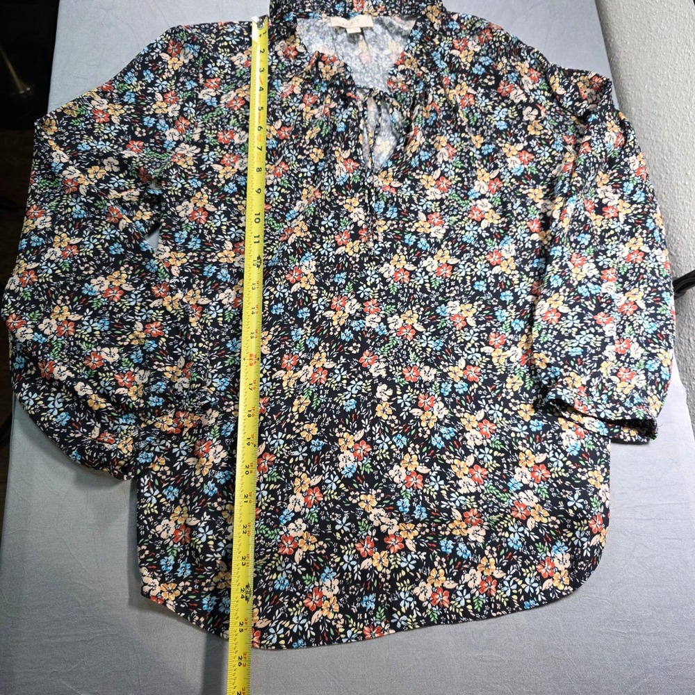 LOFT Outlet Womens Small Floral Ruffle Tie Neck Blouse Black Multi Long Sleeve - Picture 4 of 7